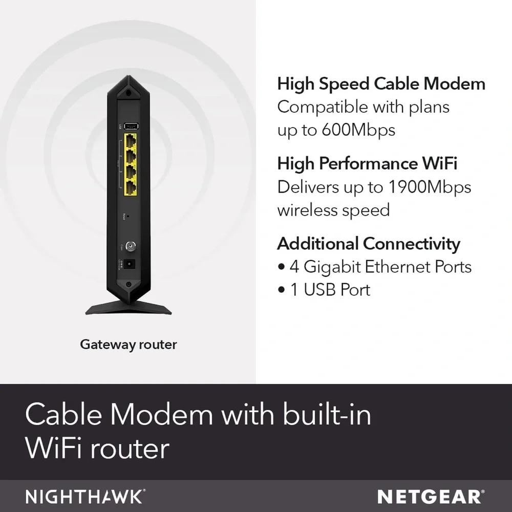 NETGEAR Nighthawk Cable Modem WiFi Router AC1900 Built-In DOCSIS - Picture 2 of 15